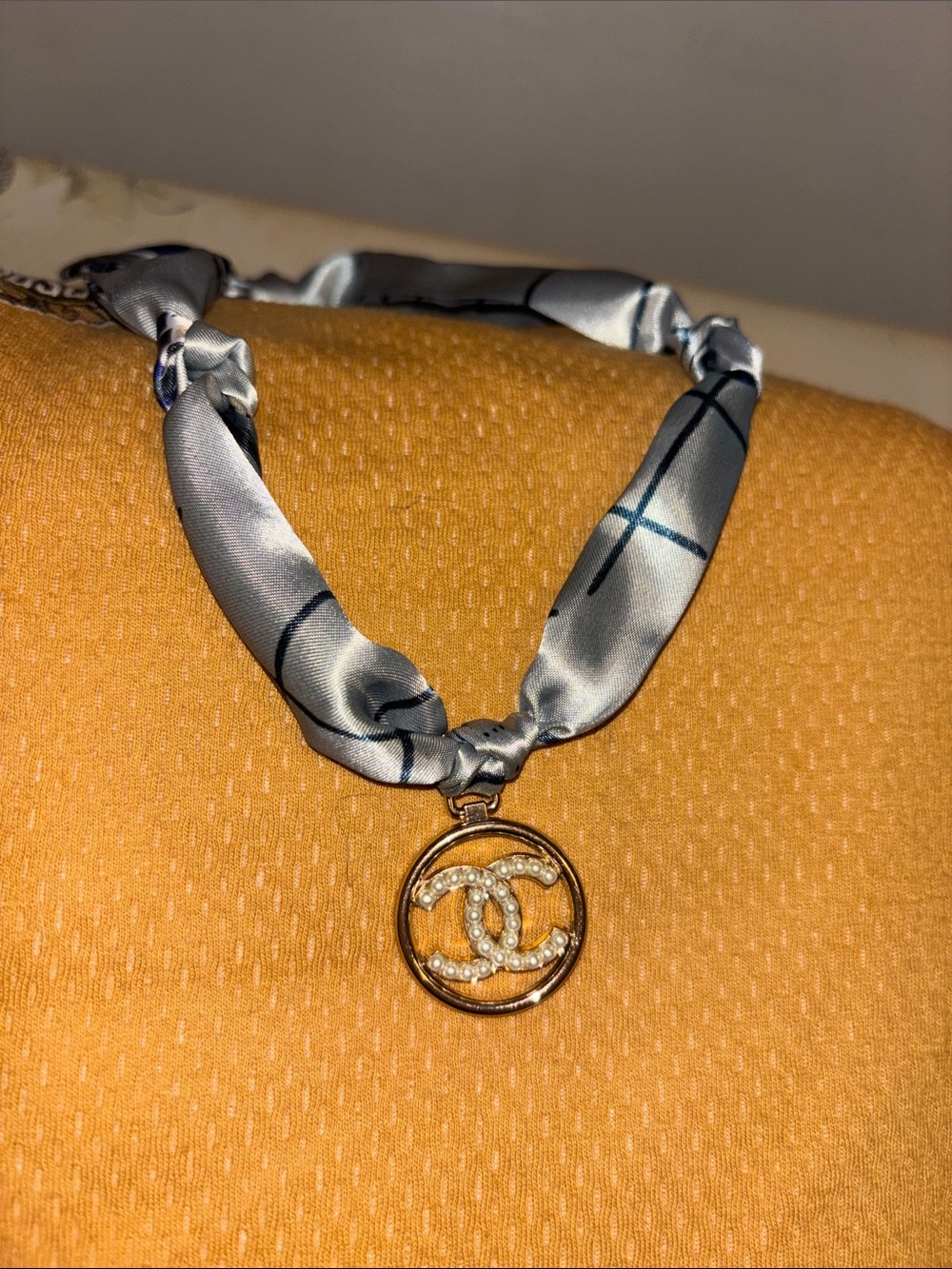 Pearl-Embellished Interlocking CC Pendant Scarf Necklace - Light Blue Twilly